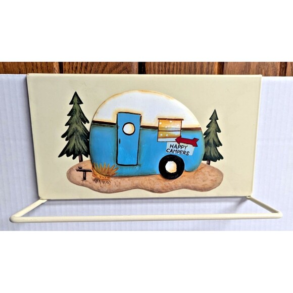 Happy Campers Over the Door Cabinet Towel Holder Retro Trailer Metal Gift NEW - Picture 1 of 7